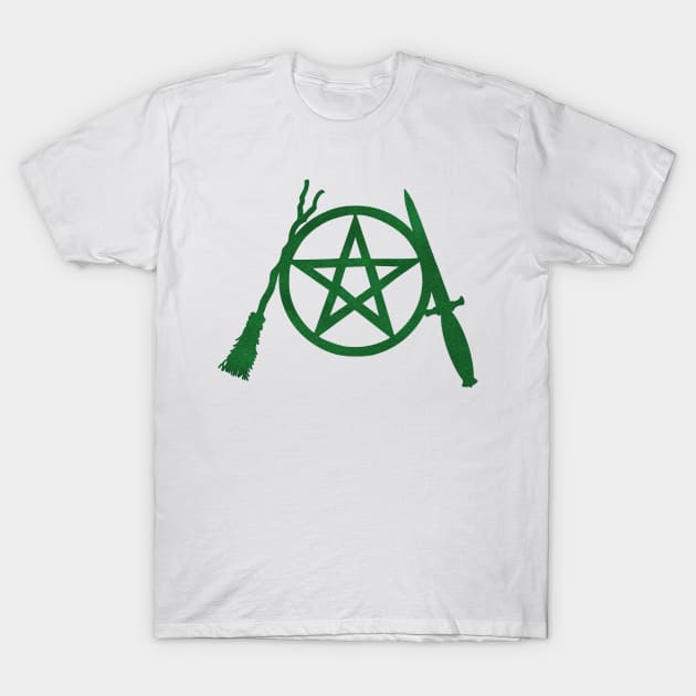 Green on Black Pent, Besom & Blade T-Shirt by QAFWarlock